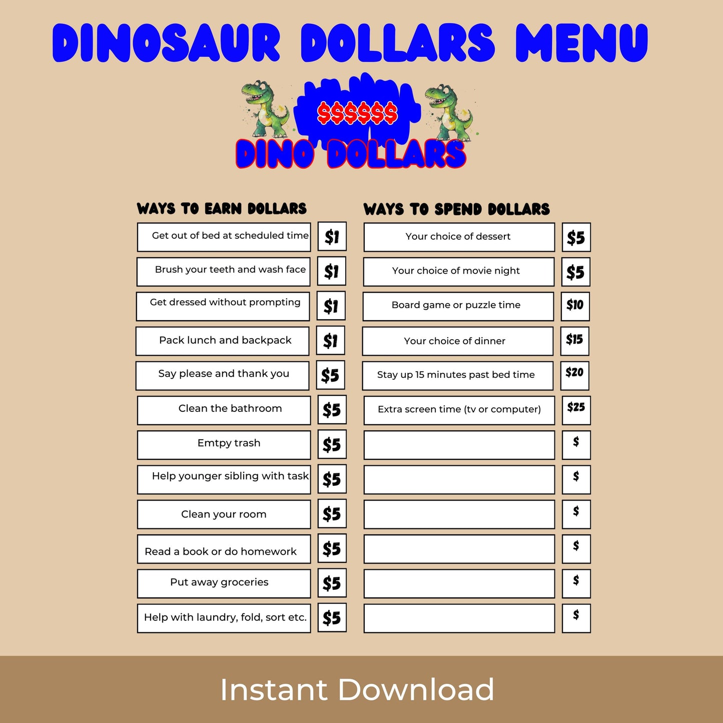 Kids Reward System Printable Mom Bucks Dinosaur Coupon Play Money Good Behavior Bucks Chore Earn Money Chart Planner Pretend Money