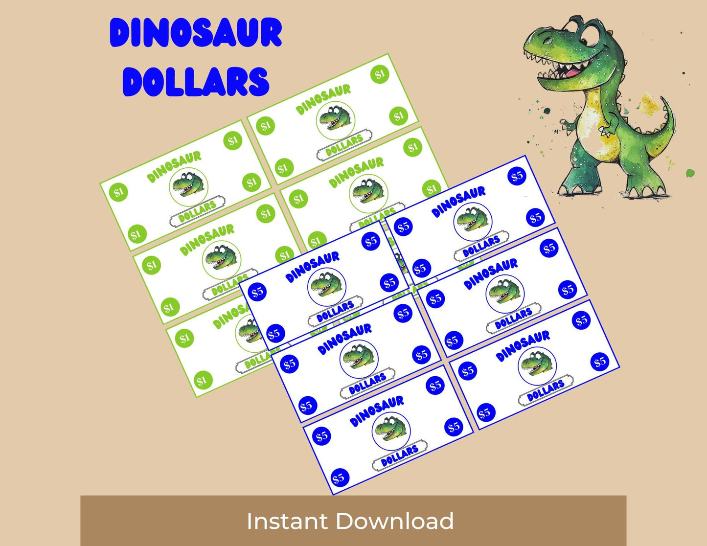 Kids Reward System Printable Mom Bucks Dinosaur Coupon Play Money Good Behavior Bucks Chore Earn Money Chart Planner Pretend Money