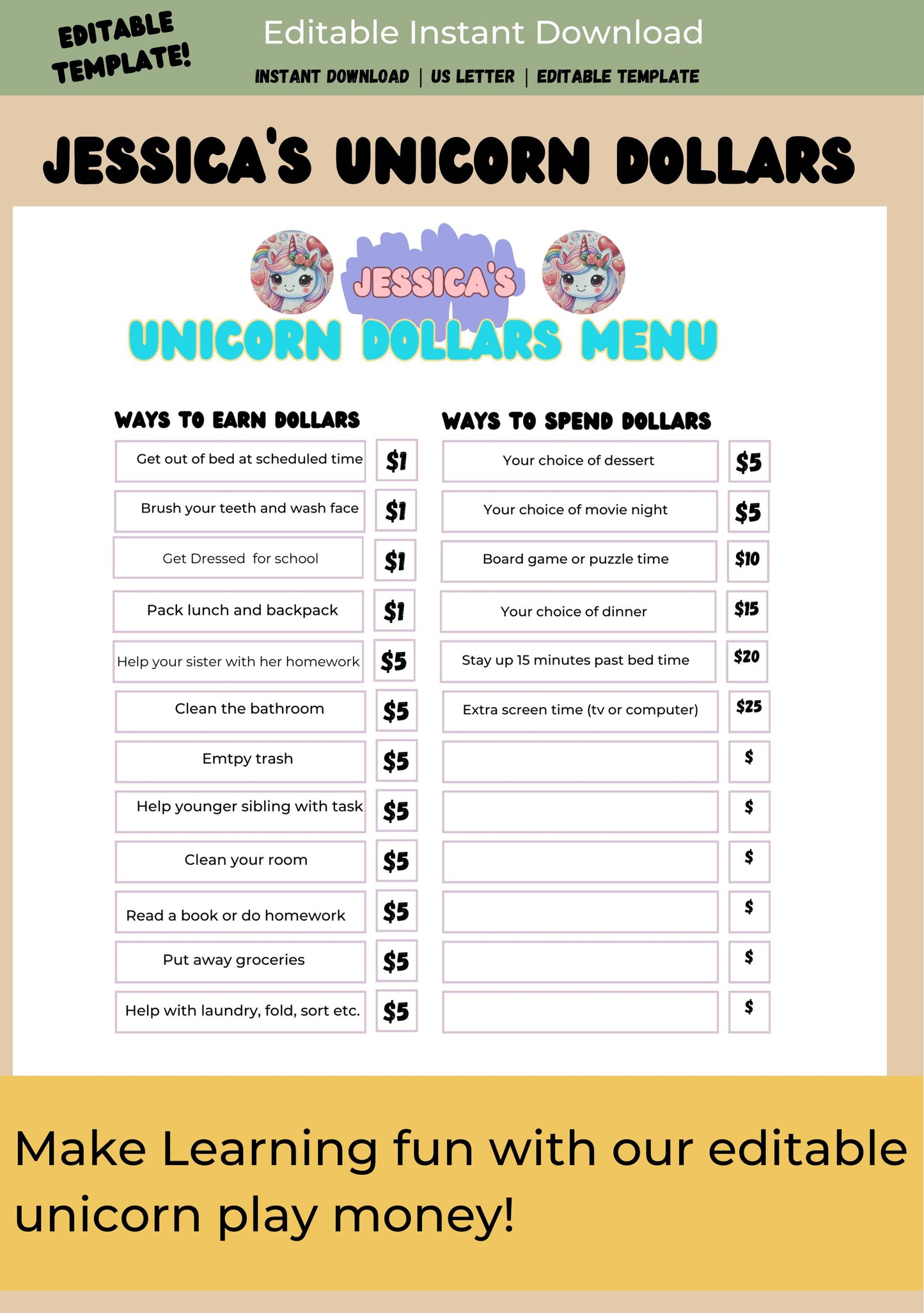 Kids Reward System Editable Printable Mom Bucks Unicorn Coupon Play Money Good Behavior Bucks Chore Earn Money Chart Planner Pretend Money