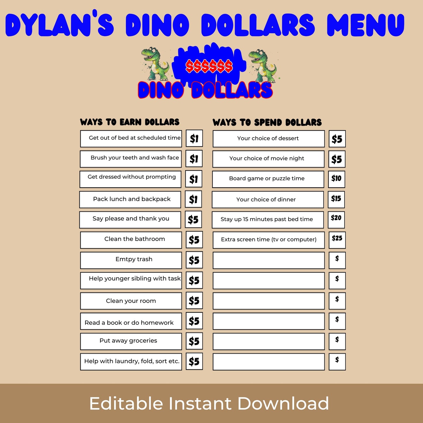 Kids Reward System Printable Mom Bucks Dinosaur Coupon Play Money Good Behavior Bucks Chore Earn Money Chart Planner Pretend Money Jurassic