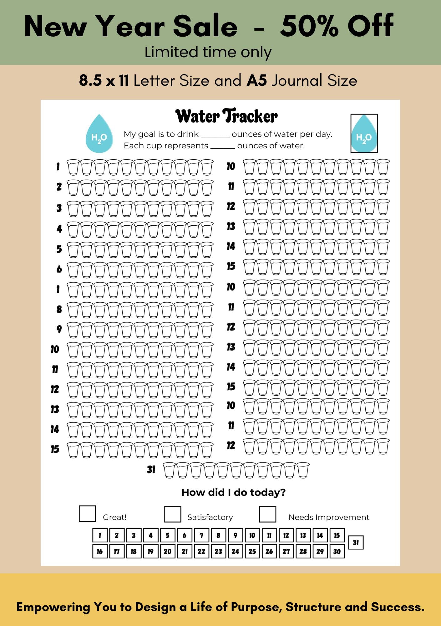 Bullet Journal Water Tracker Log Bottle Intake Daily Health Planner Habit Printable and Digital Planner Wellness and Self Care Drink Tracker