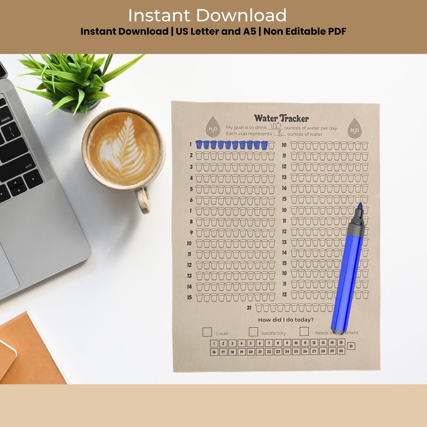 Bullet Journal Water Tracker Log Bottle Intake Daily Health Planner Habit Printable and Digital Planner Wellness and Self Care Drink Tracker