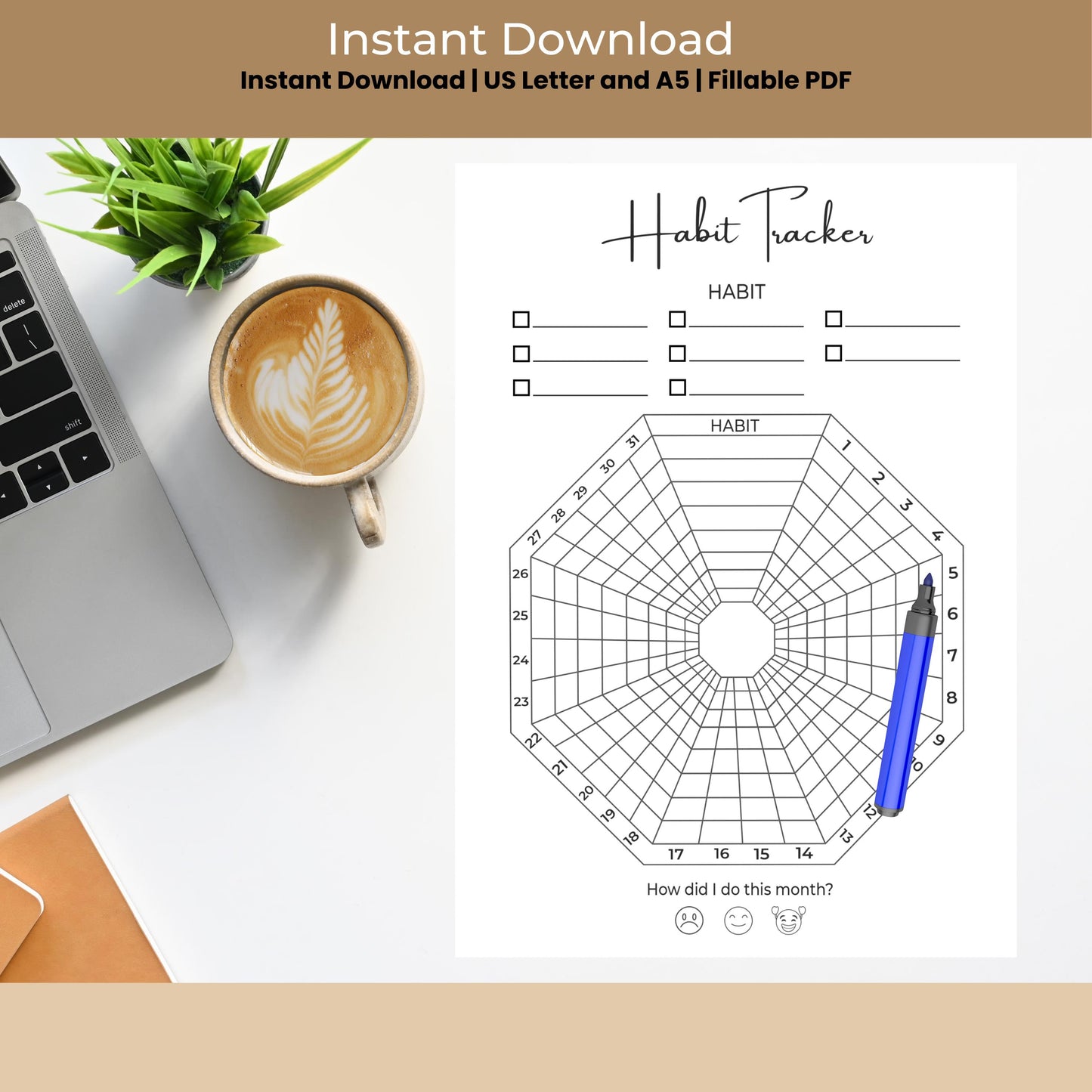 Daily Habit Tracker Printable Template Bullet Journal Health Self Care Tracker Editable Activity 30 Day Challenge Daily Planner Monthly Goal