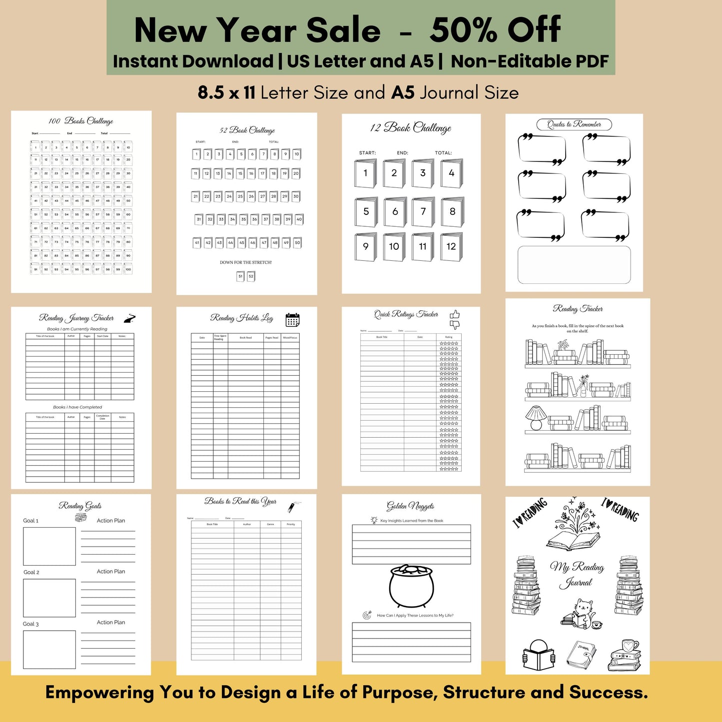 Reading Journal Printable Digital Log Planner Book Review Bullet Goodnote Notability Tracker Self Care Tracker Daily Reading Challenge Goal